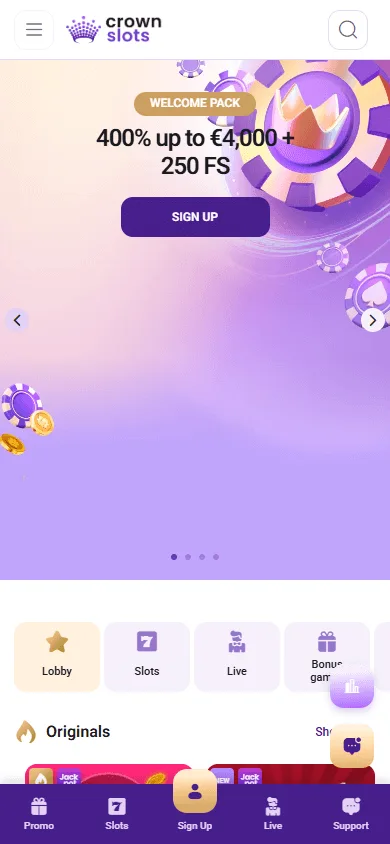 Crownslots Casino games catalogue on mobile