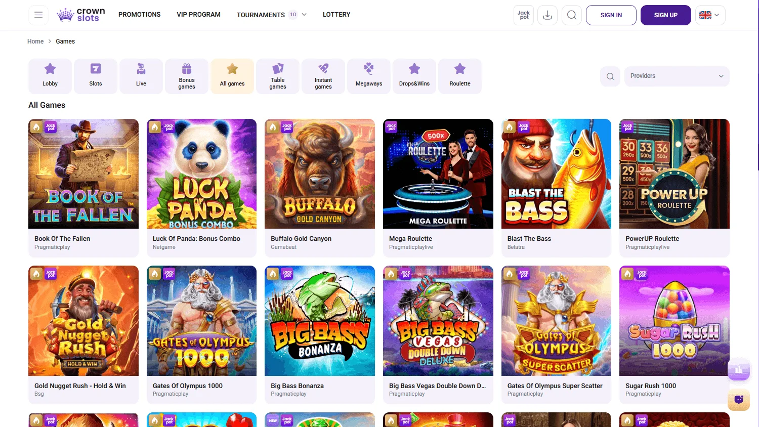 Crownslots Casino live and casino games on desktop