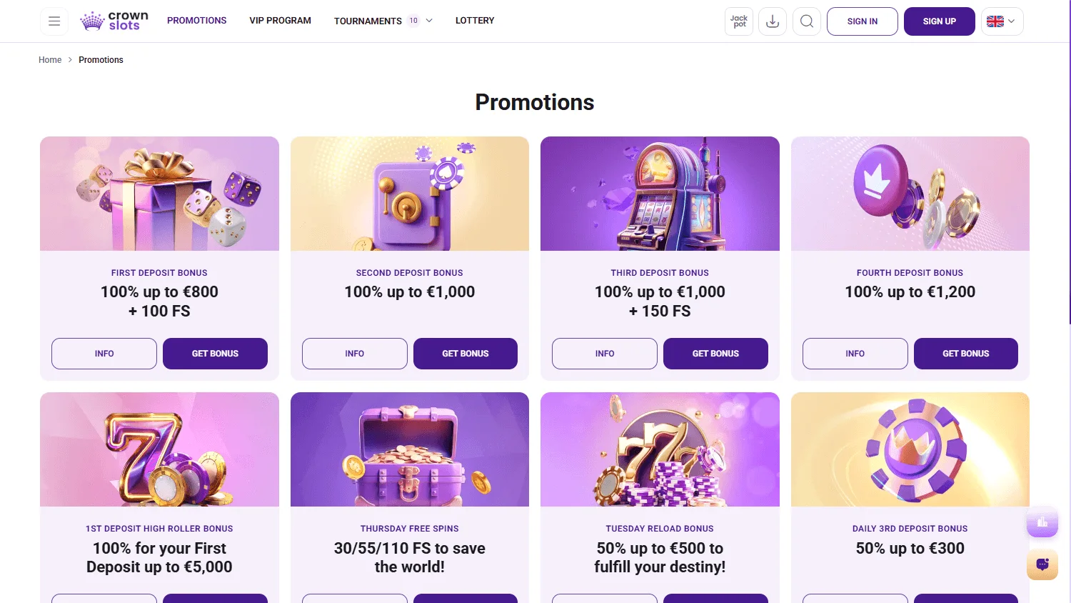 Crownslots Casino promotions on desktop